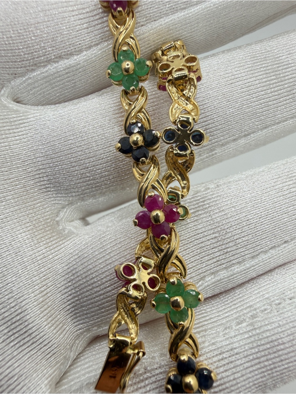 7" Vintage 4.84ctw Ruby, Sapphire, Emerald Flower Tennis Bracelet in 14kt YG! - Picture 3 of 12
